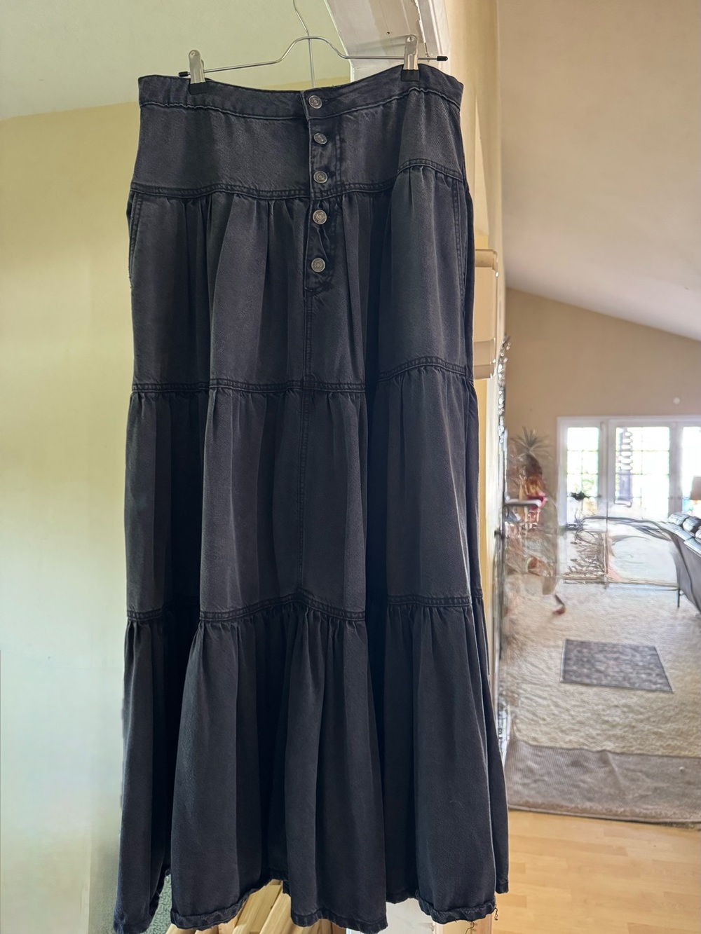 Like New We The Free Black Tiered Maxi Skirt with Front Buttons